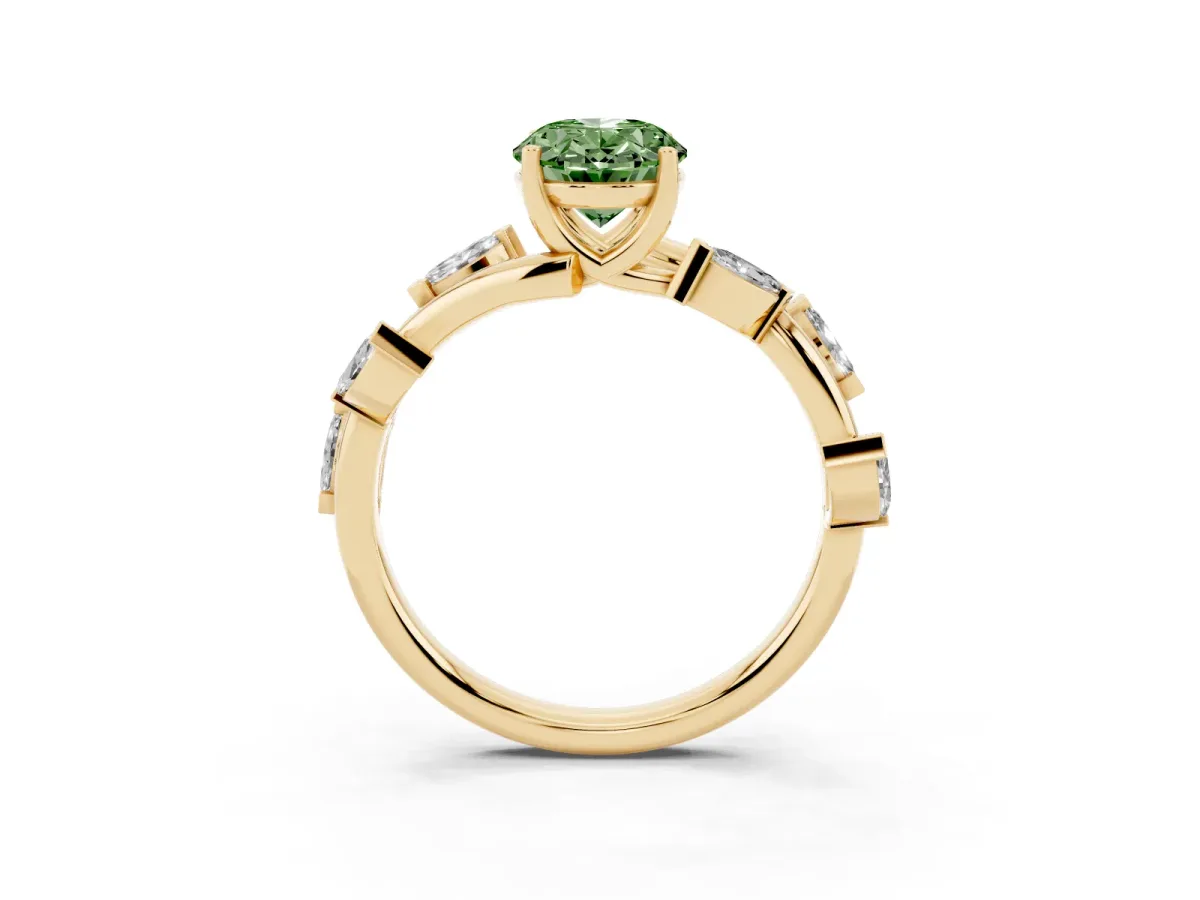 Fancy Green Oval Cut Solitaire Twisted Band Marquise Accent Prong Setting Ring Yellow gold