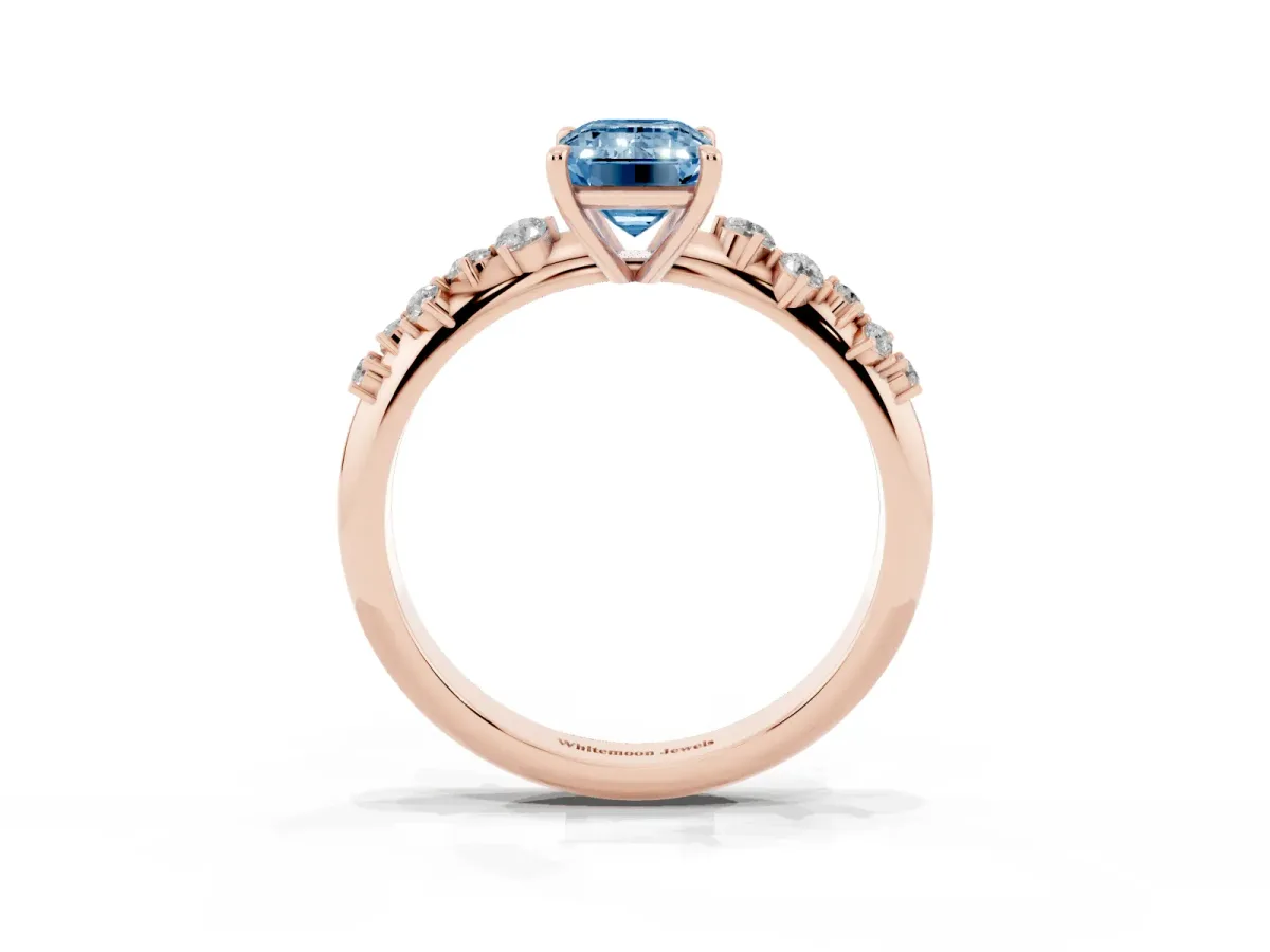 Fancy Blue Emerald Cut Diamond Cluster Side Stone Solitaire Ring with Prong Setting Rose gold