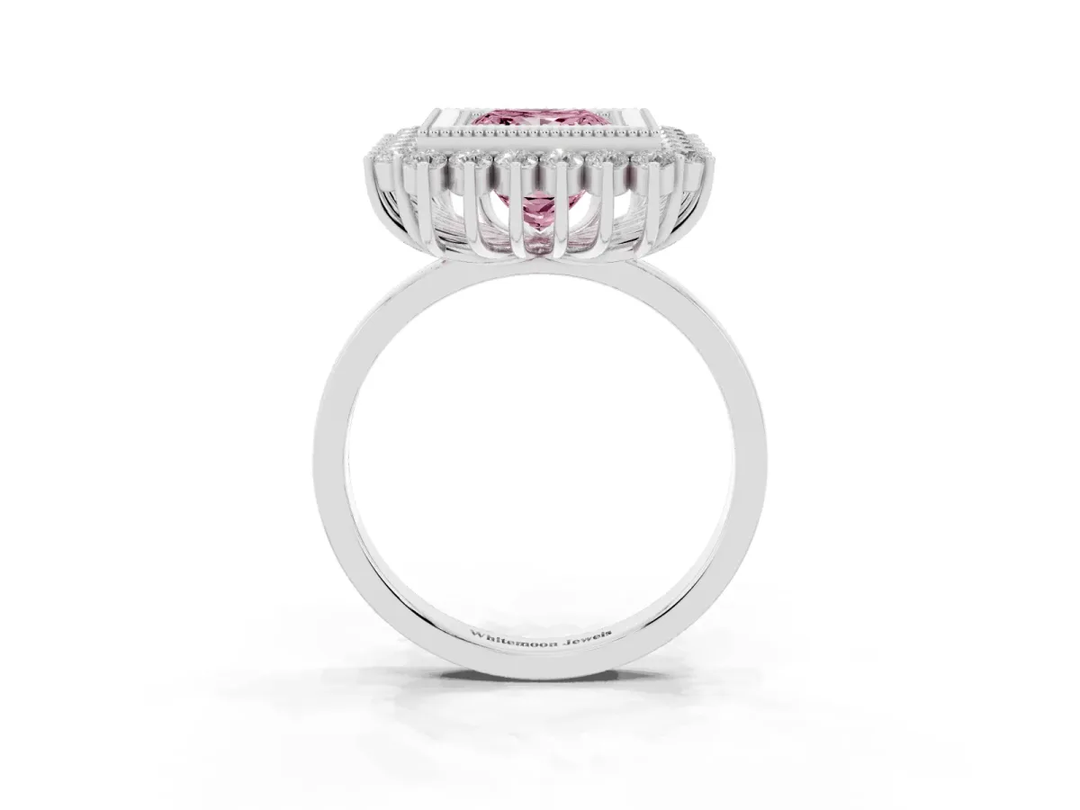 Fancy Pink Princess Cut Halo Diamond Ring with Milgrain Edge and Round Prong Setting Silver