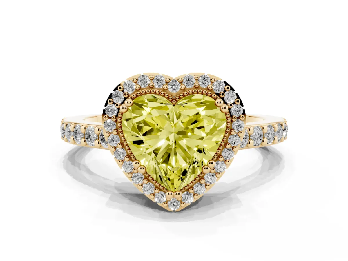 Fancy Yellow Heart Cut Cut Diamond Halo Engagement Ring with Milgrain Detail and Pavé Band Yellow gold