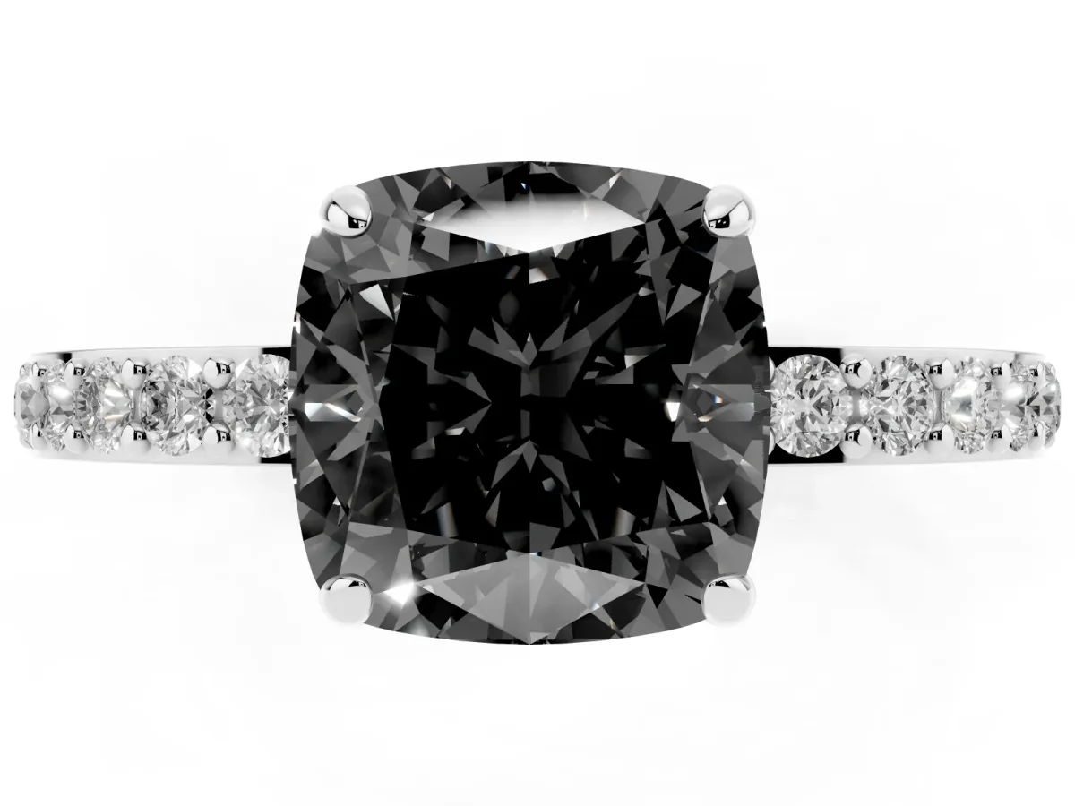 Fancy Black Cushion Cut Diamond Solitaire Engagement Ring with Pavé Band and Four-Prong Setting Silver