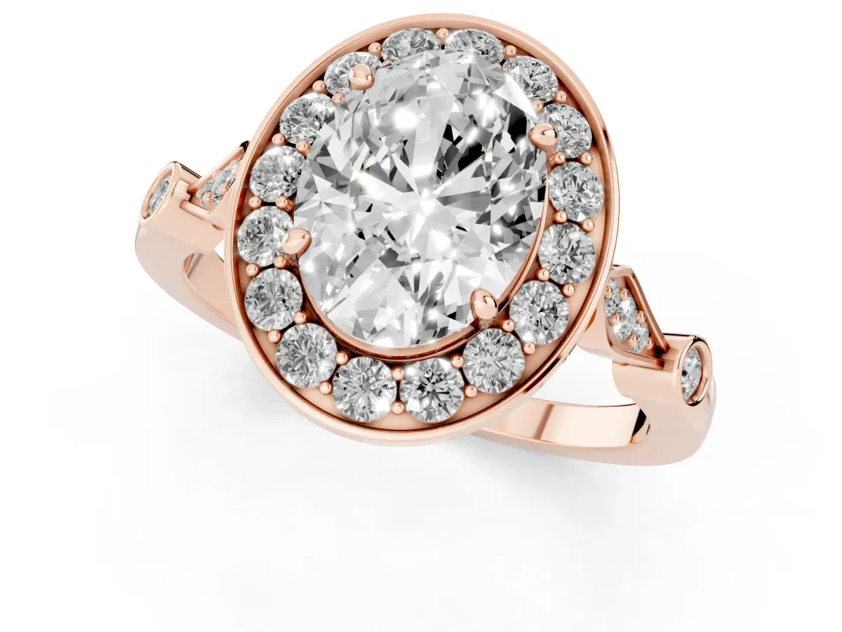 Oval Cut Halo Diamond Engagement Ring with Twisted Band and Four-Prong Setting Rose gold
