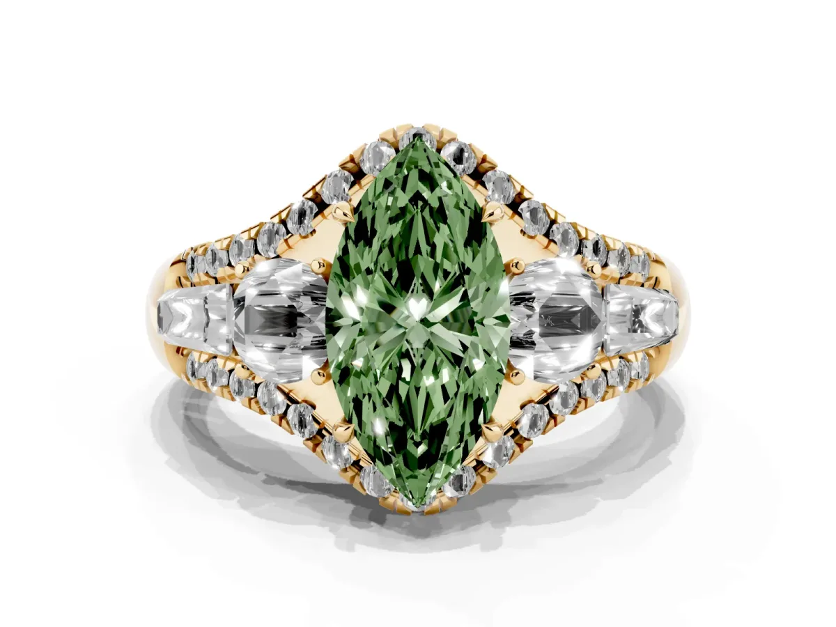 Fancy Green Three-Stone Marquise Cut Diamond Engagement Ring with Pave Band and Prong Setting Yellow gold