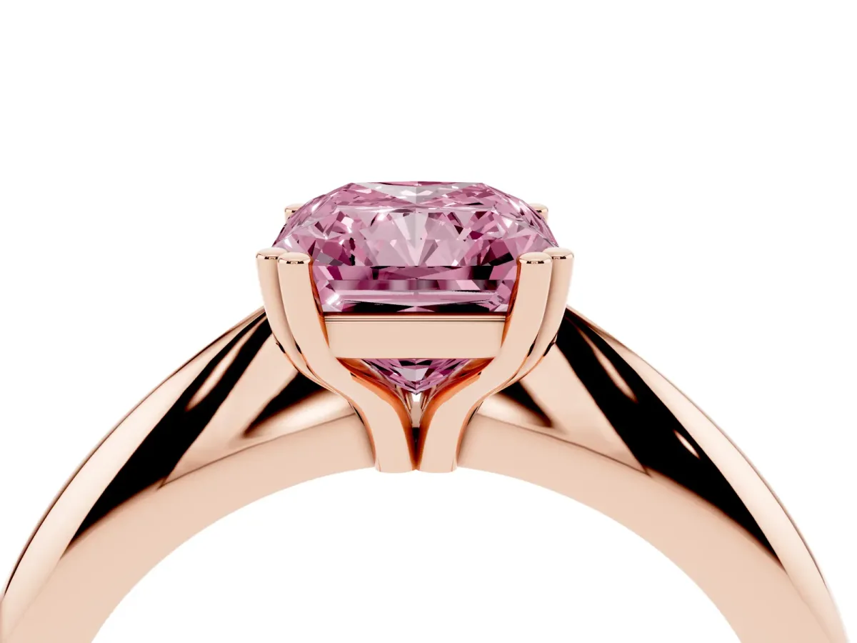 Fancy Pink Radiant Cut Cut Solitaire Engagement Ring with Tapered Band and Four-Prong Setting Rose gold