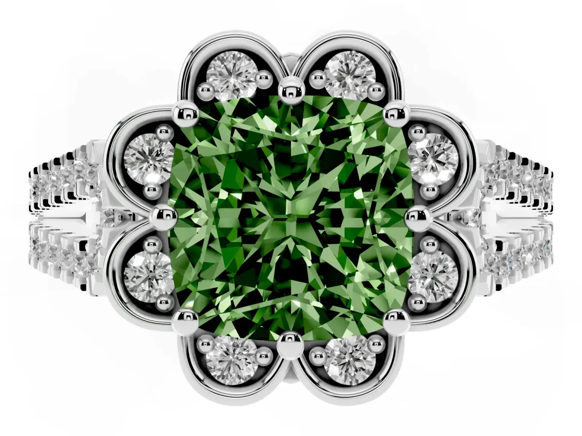 Fancy Green Cushion Cut Halo Diamond Floral Split Shank Engagement Ring Silver