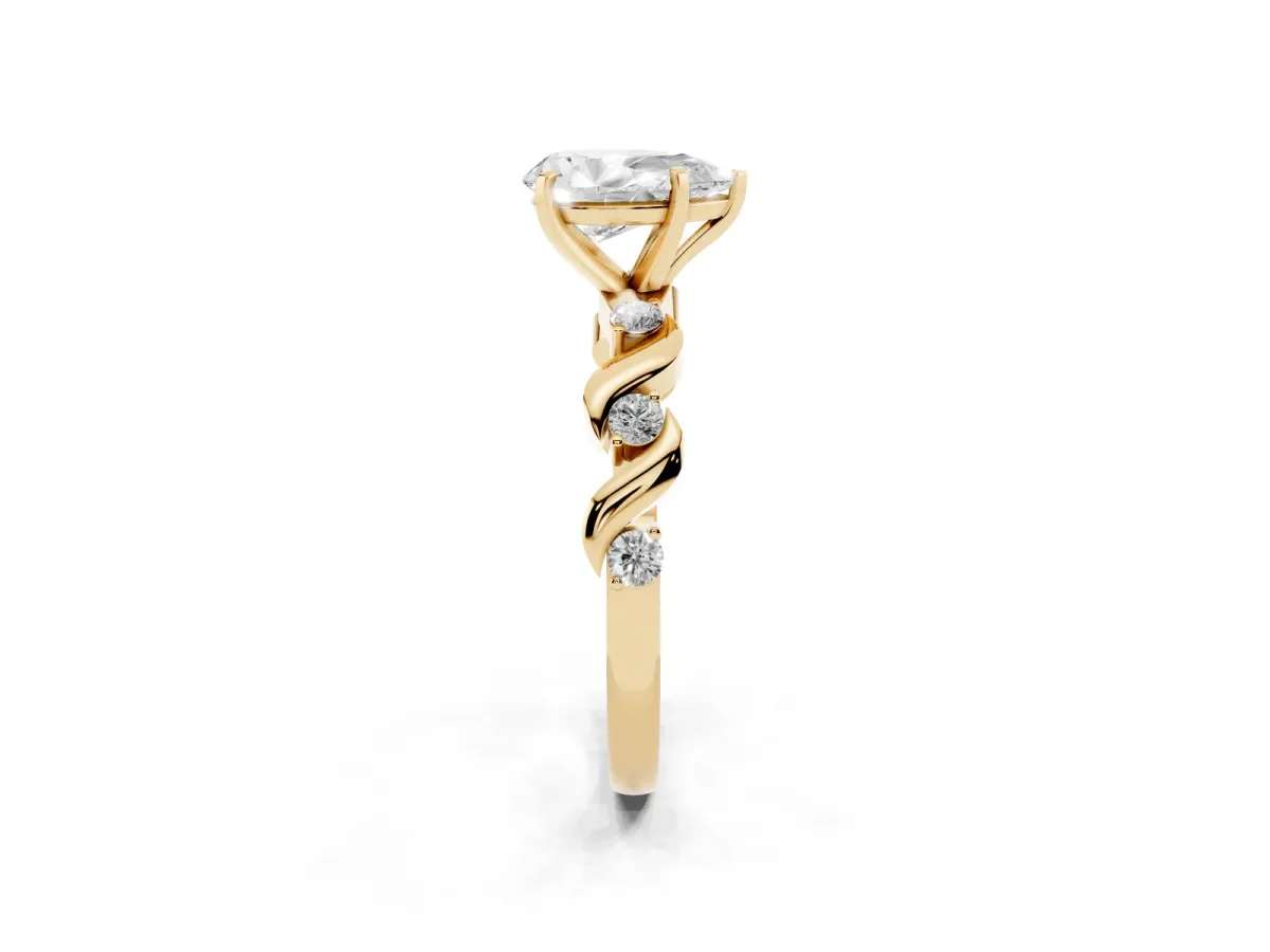 Pear Cut Diamond Solitaire Twisted Band with Round Accents and Prong Setting Yellow gold