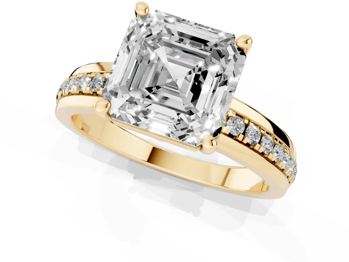 Asscher Cut Solitaire Diamond Ring with Channel Set Band and Six-Prong Setting Yellow gold