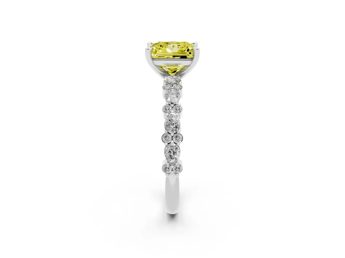 Fancy Yellow Princess Cut Diamond Side Stone Solitaire Ring with Round and Four-Prong Setting Silver