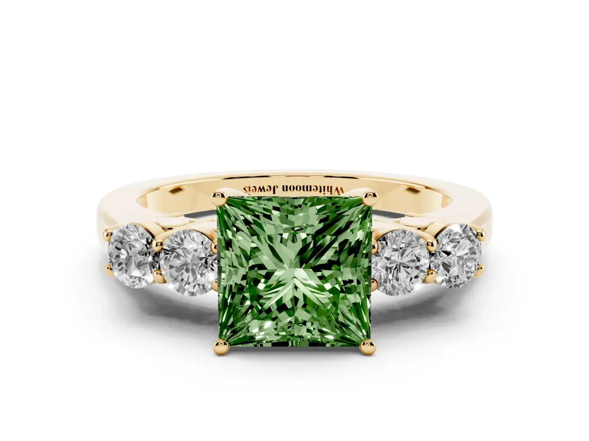 Fancy Green Princess Cut Cut Diamond Five-Stone Prong Set White Gold Ring Yellow gold