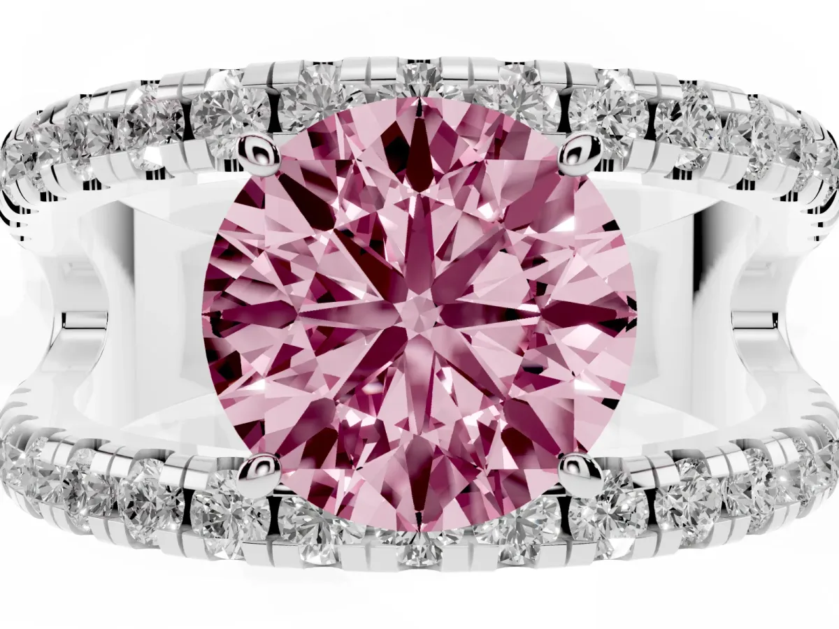 Fancy Pink Round Cut Solitaire Split Shank Pave Diamond Ring Silver
