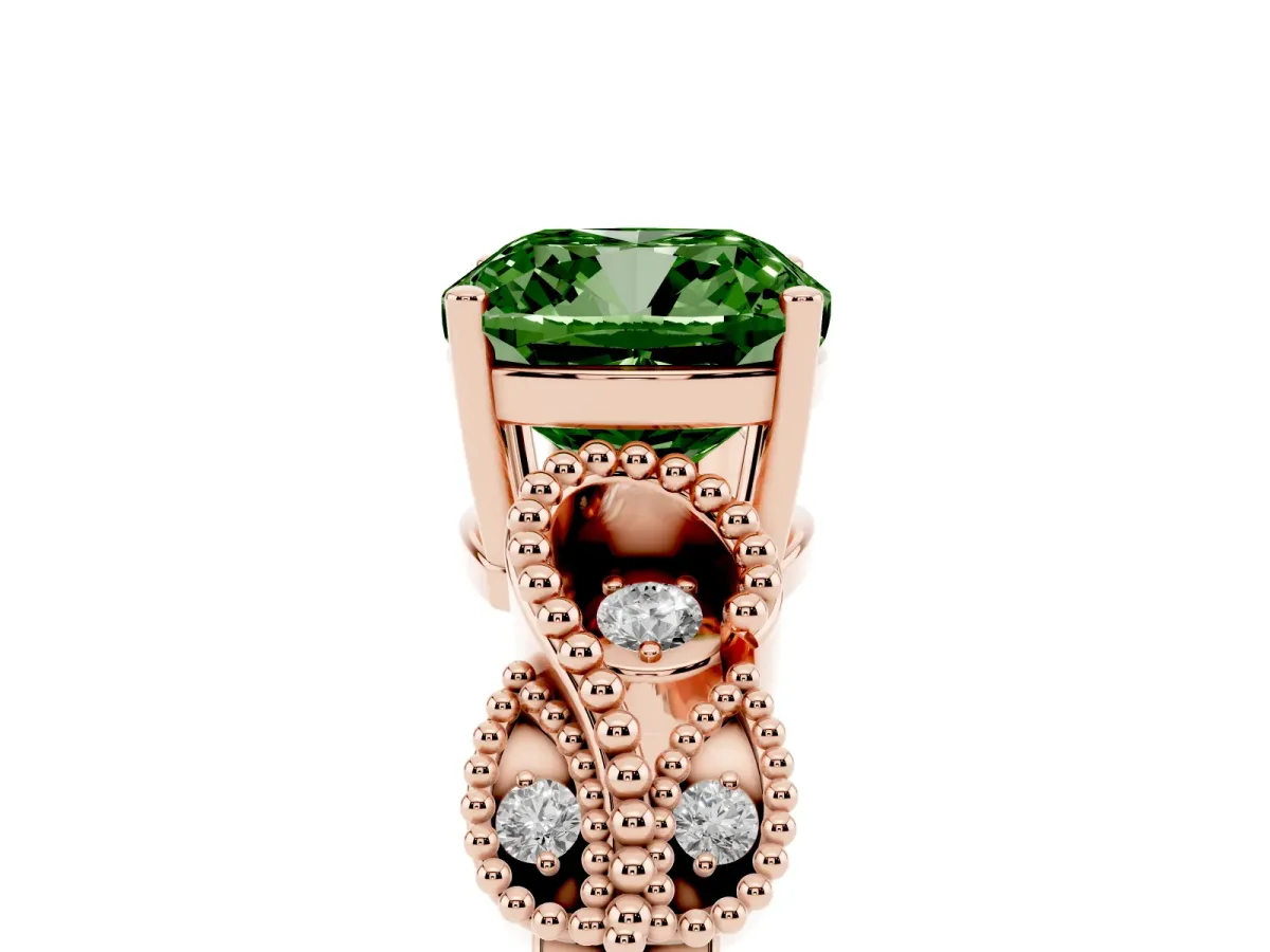Fancy Green Cushion Cut Solitaire Milgrain Leaf Band with Prong Setting Rose gold