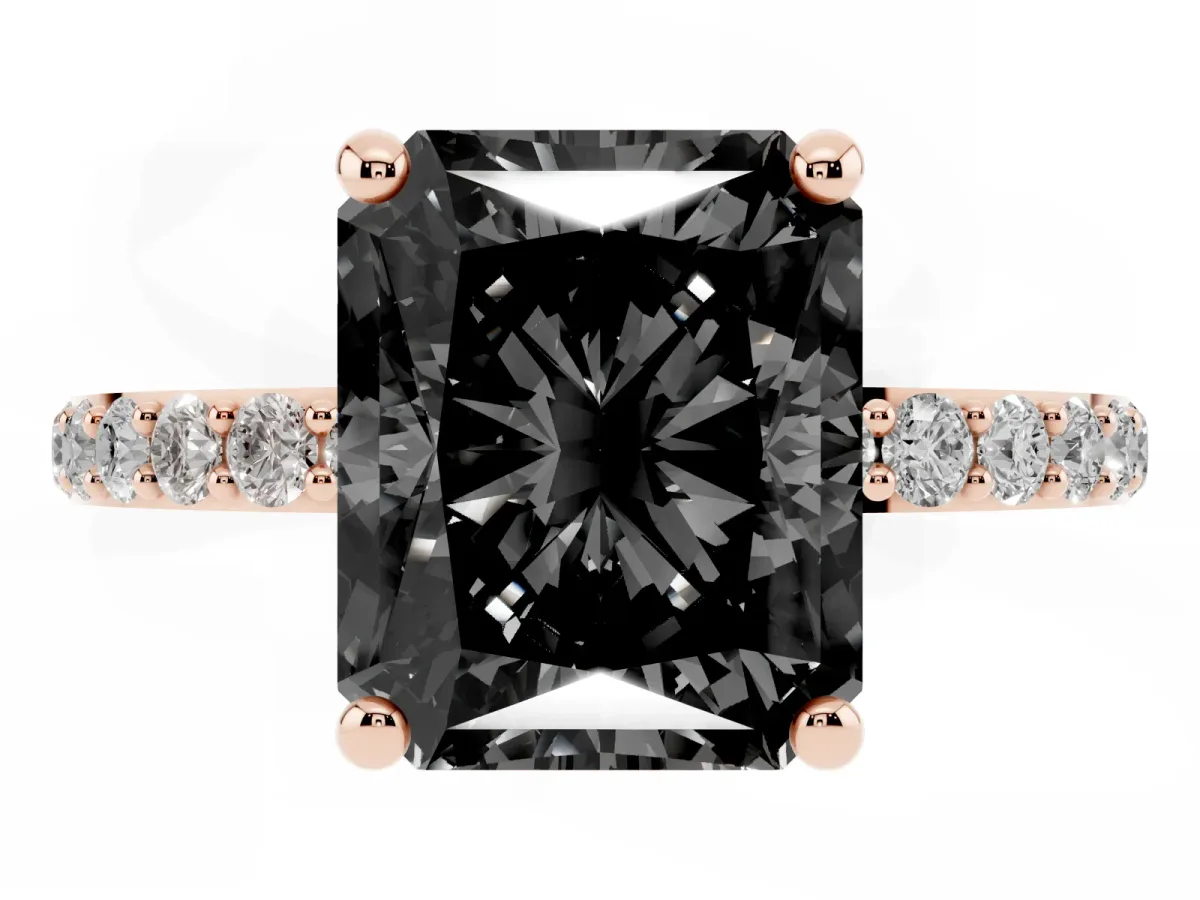 Fancy Black Radiant Cut Diamond Solitaire Ring with Round Pavé Band and Prong Setting Rose gold
