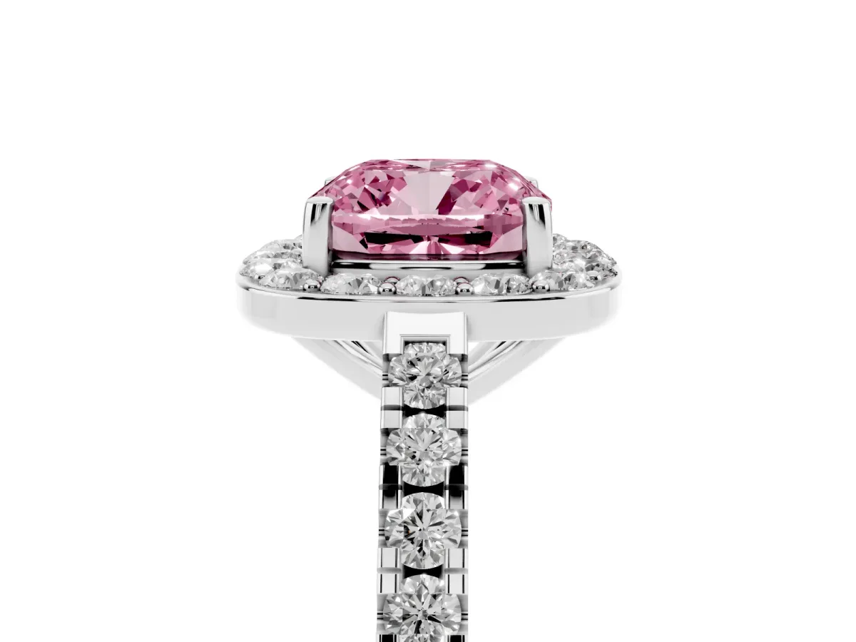 Fancy Pink Cushion Cut Diamond Halo Ring with Round Pavé Split Shank and Prong Setting Silver
