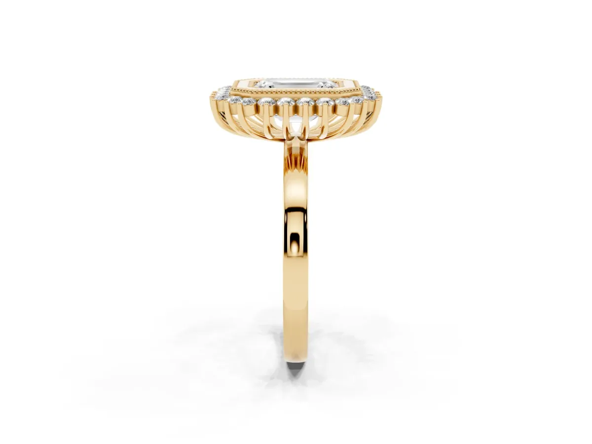 Emerald Cut Halo Diamond Ring with Milgrain Edge and Round Prong Setting Yellow gold