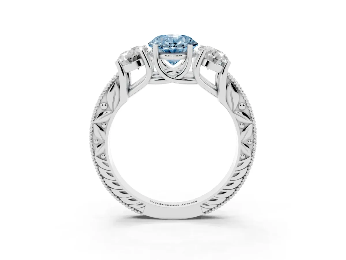 Fancy Blue Three-Stone Oval Cut Cut Milgrain Pavé Engagement Ring Platinum