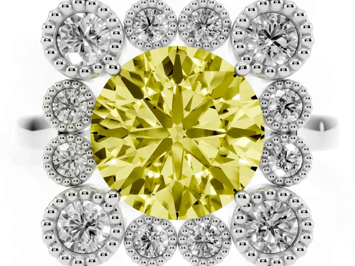 Fancy Yellow Round Cut Halo Diamond Cluster Engagement Ring with Milgrain Bezel Setting and Solitaire Band Silver