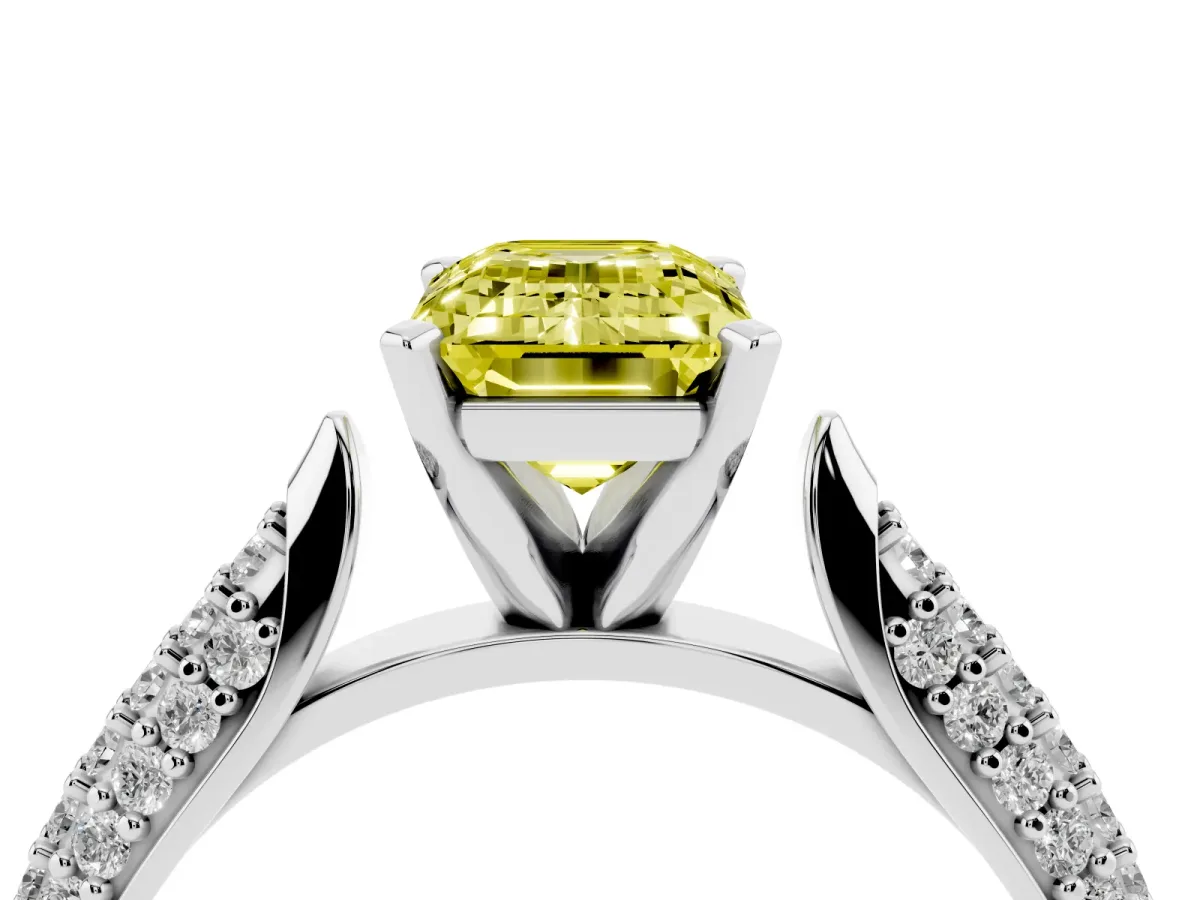 Fancy Yellow Emerald Cut Diamond Solitaire Engagement Ring with Multi-Row Round Pavé Band and Prong Setting Silver