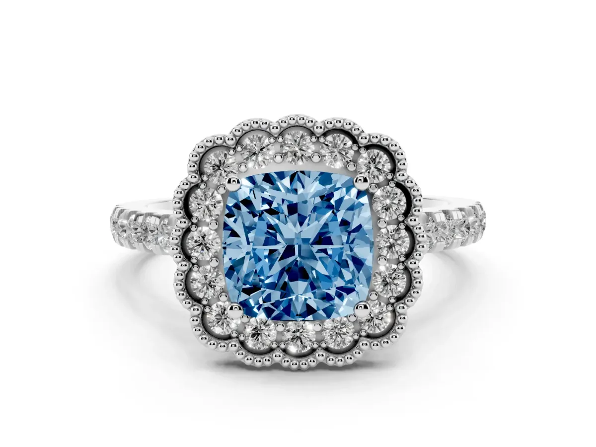 Fancy Blue Cushion Cut Cut Diamond Milgrain Floral Halo Engagement Ring with Pavé Band Platinum