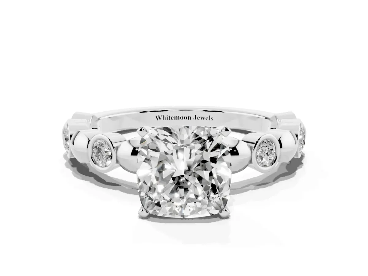 Cushion Cut Solitaire Bezel-Set Diamond Ring with Beaded Band and Four-Prong Setting Silver
