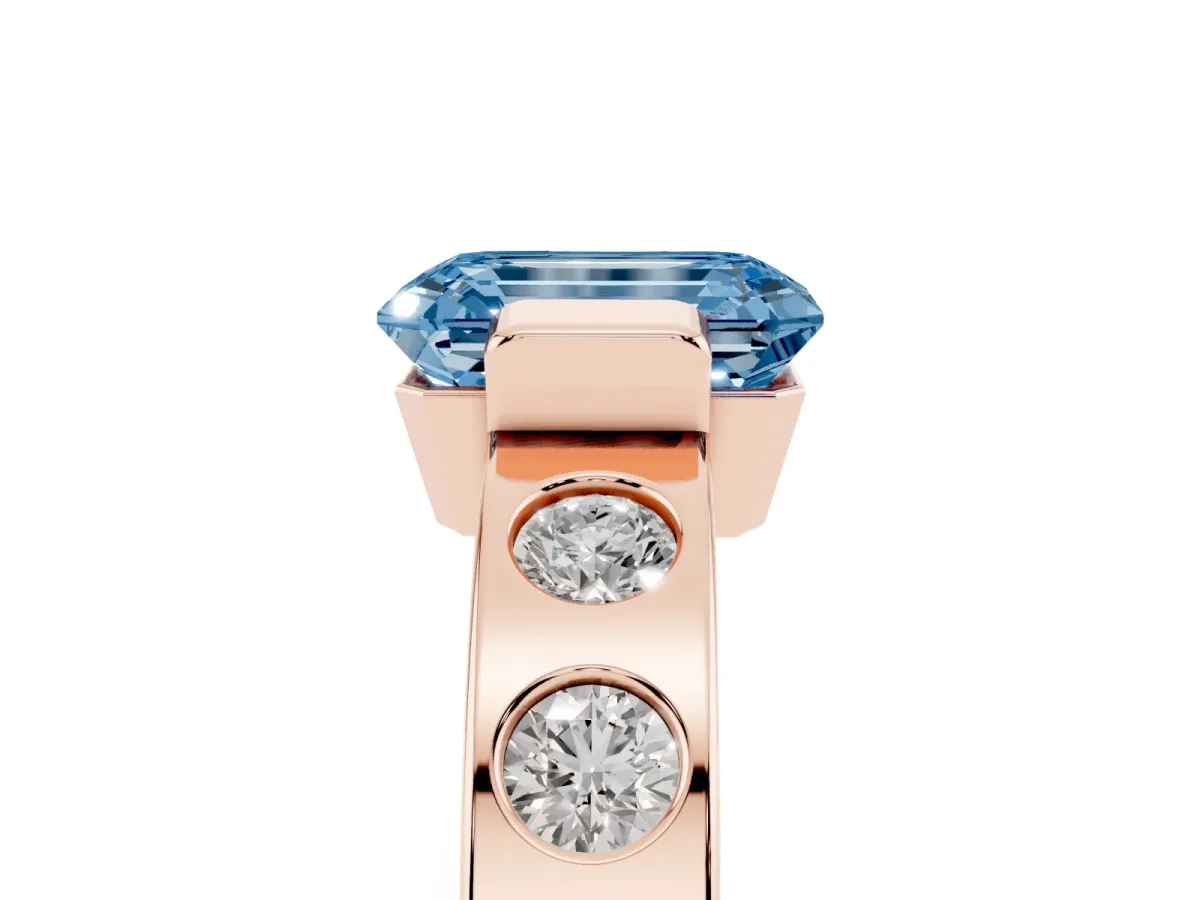 Fancy Blue Emerald Cut Brilliant Channel-Set Diamond Ring with Bezel Prong Setting Rose gold