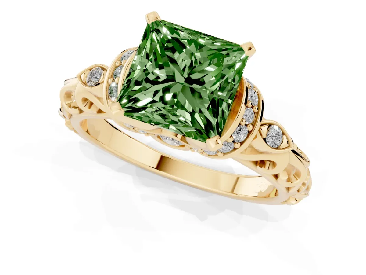 Fancy Green Princess Cut Diamond Solitaire Ring with Filigree Band and Four-Prong Setting Yellow gold
