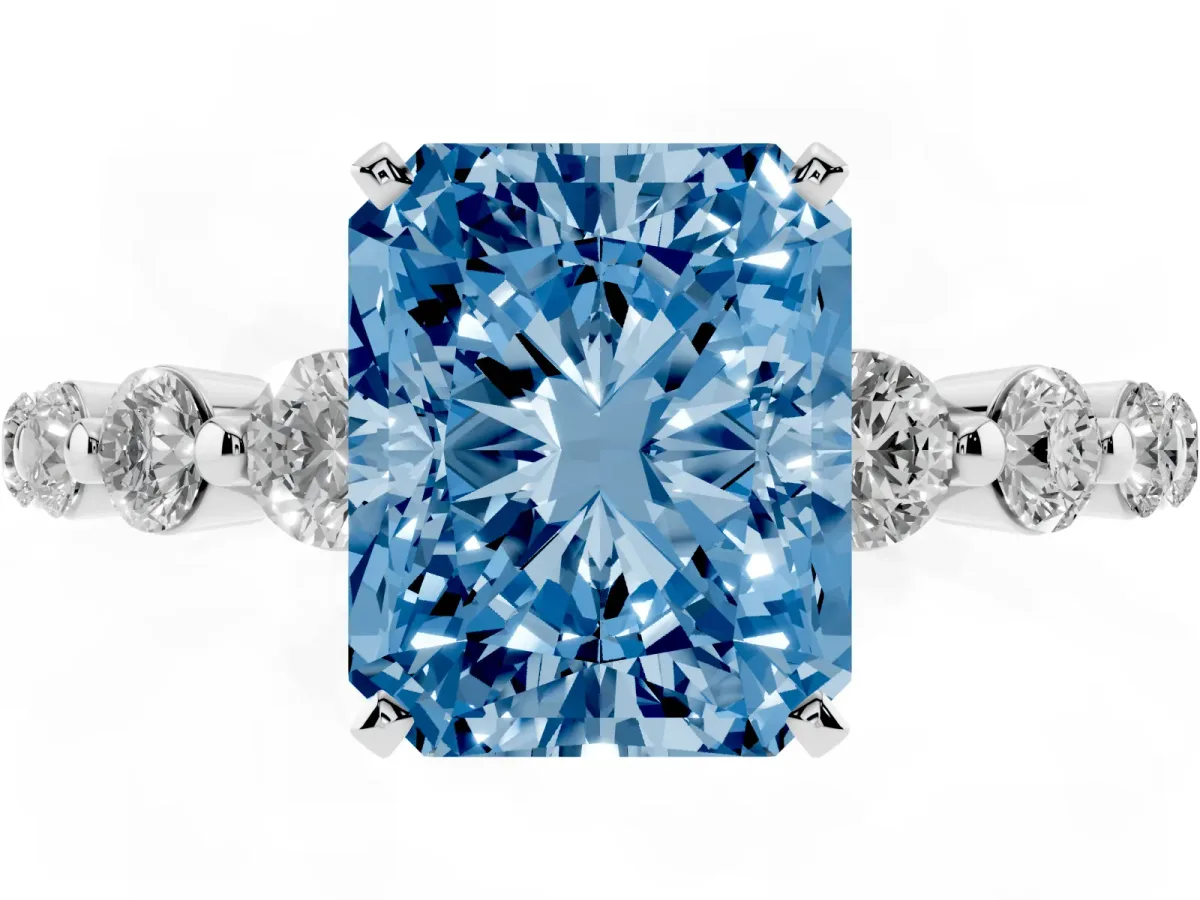 Fancy Blue Radiant Cut Solitaire Diamond Ring with Pave Band and Four-Prong Setting Silver