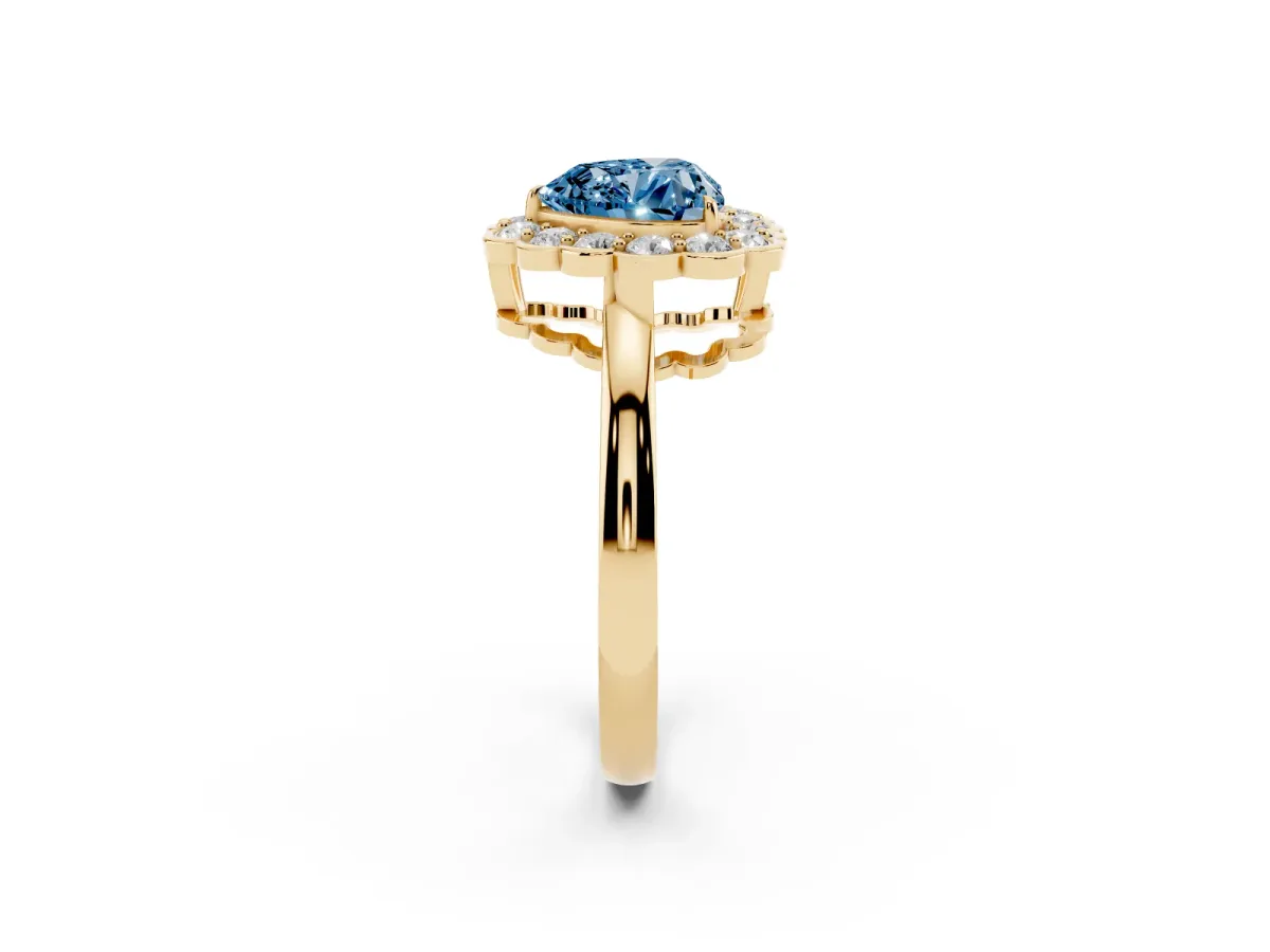 Fancy Blue Heart Cut Halo Cluster Diamond Engagement Ring with Solitaire Band and Prong Setting Yellow gold