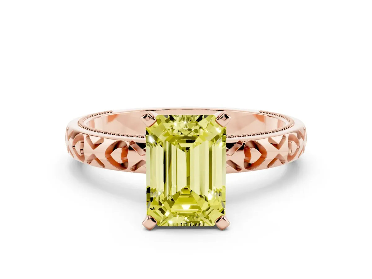 Fancy Yellow Emerald Cut Solitaire Diamond Engagement Ring with XO Engraved Band and Four-Prong Setting Rose gold