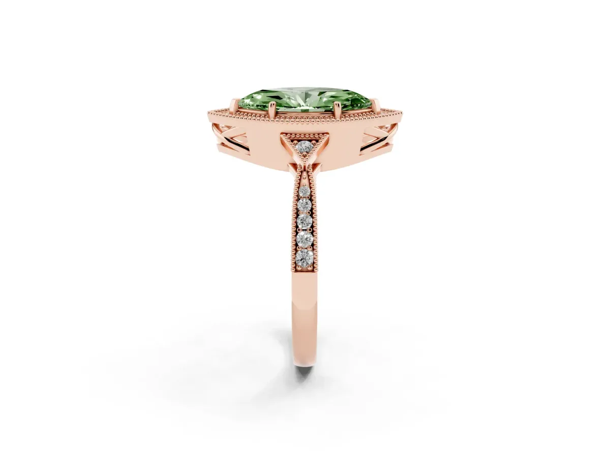 Fancy Green Marquise Cut Halo Round Diamond Milgrain Pave Engagement Ring Rose gold