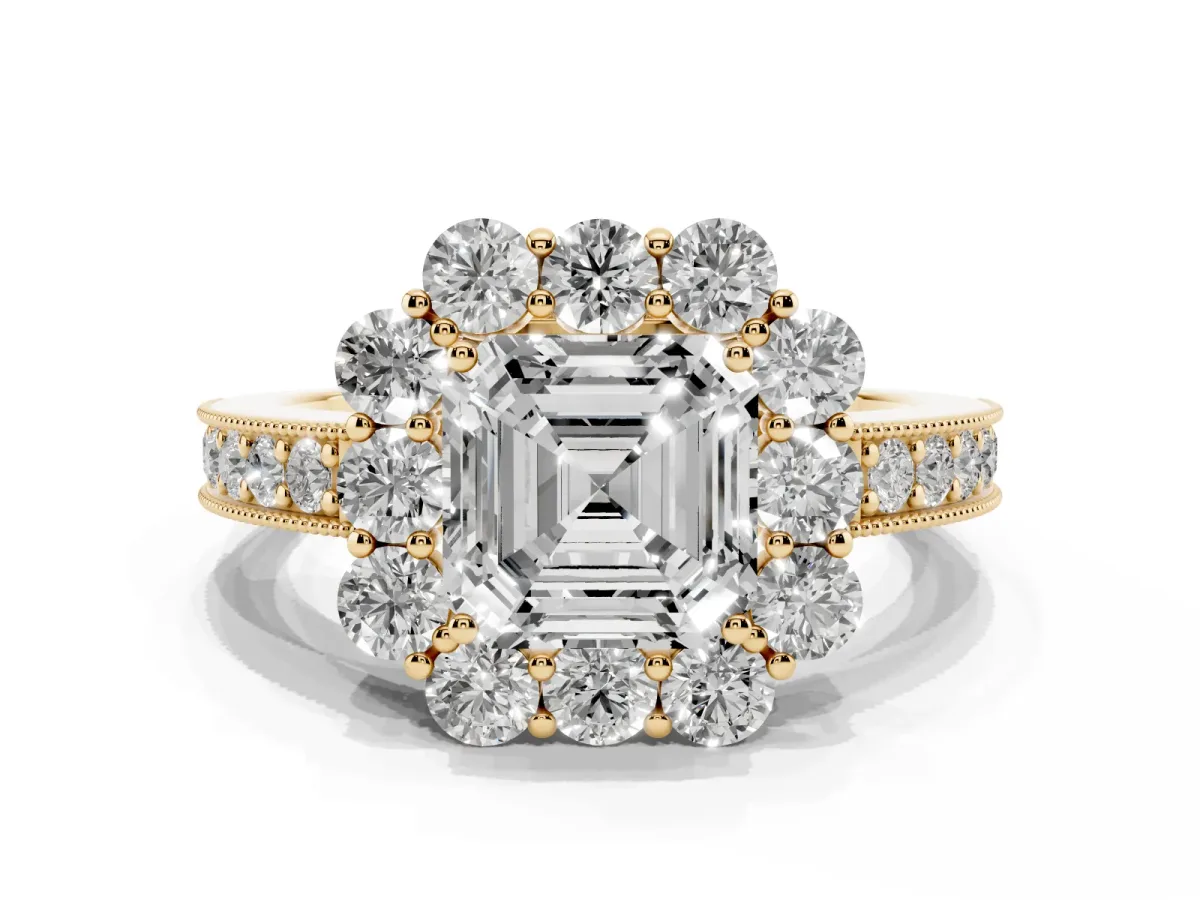 Asscher Cut Cut Halo Diamond Pavé Engagement Ring with Milgrain Detailing Yellow gold