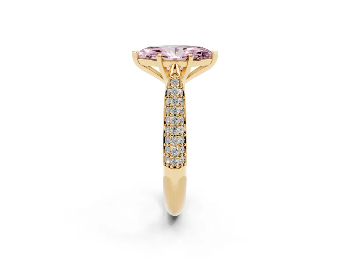 Fancy Pink Marquise Cut Diamond Solitaire Engagement Ring with Multi-Row Round Pavé Band and Prong Setting Yellow gold