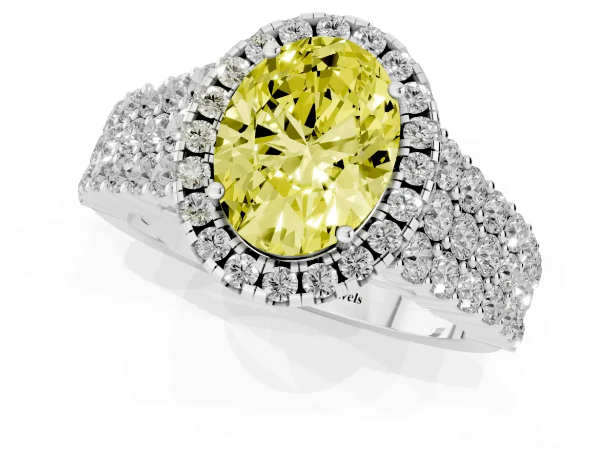 Fancy Yellow Oval Cut Diamond Halo Engagement Ring with Triple Row Round Pavé Band and Prong Setting Platinum