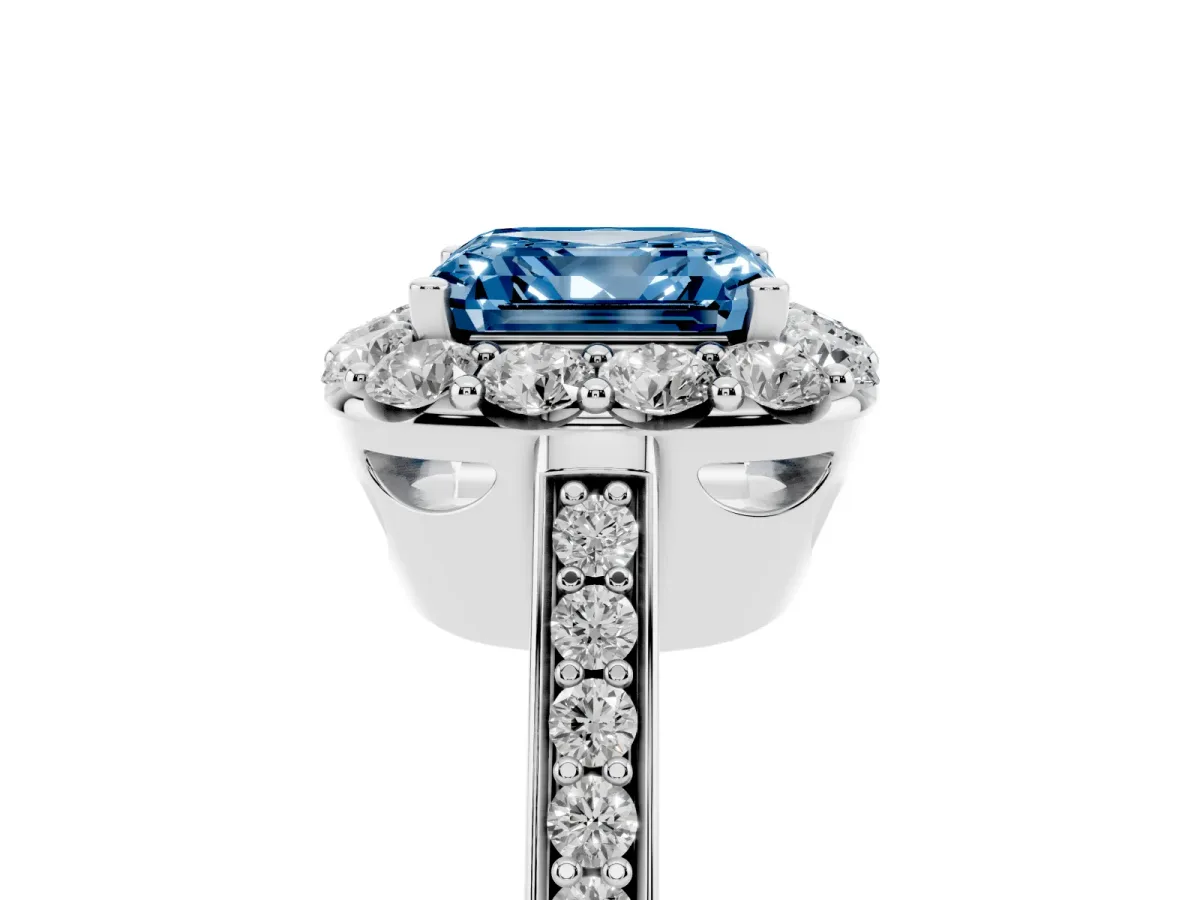 Fancy Blue Asscher Cut Diamond Floral Halo Ring with Pavé Band and Prong Setting White gold
