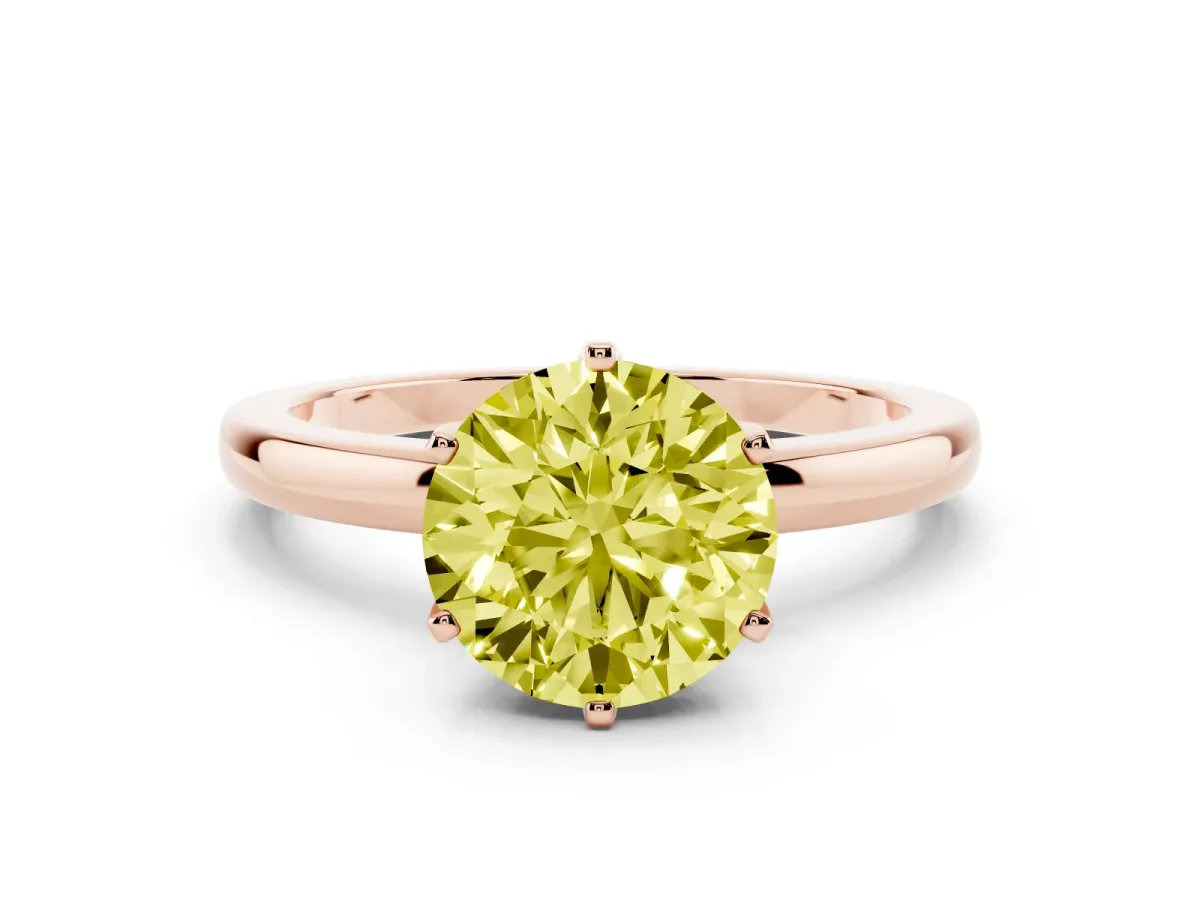 Fancy Yellow Round Cut Solitaire Diamond Ring with Six-Prong Setting on a Classic Band Rose gold