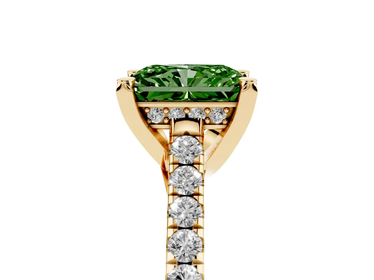 Fancy Green Radiant Cut Brilliant Diamond Solitaire with Pavé Band and Four-Prong Setting Yellow gold