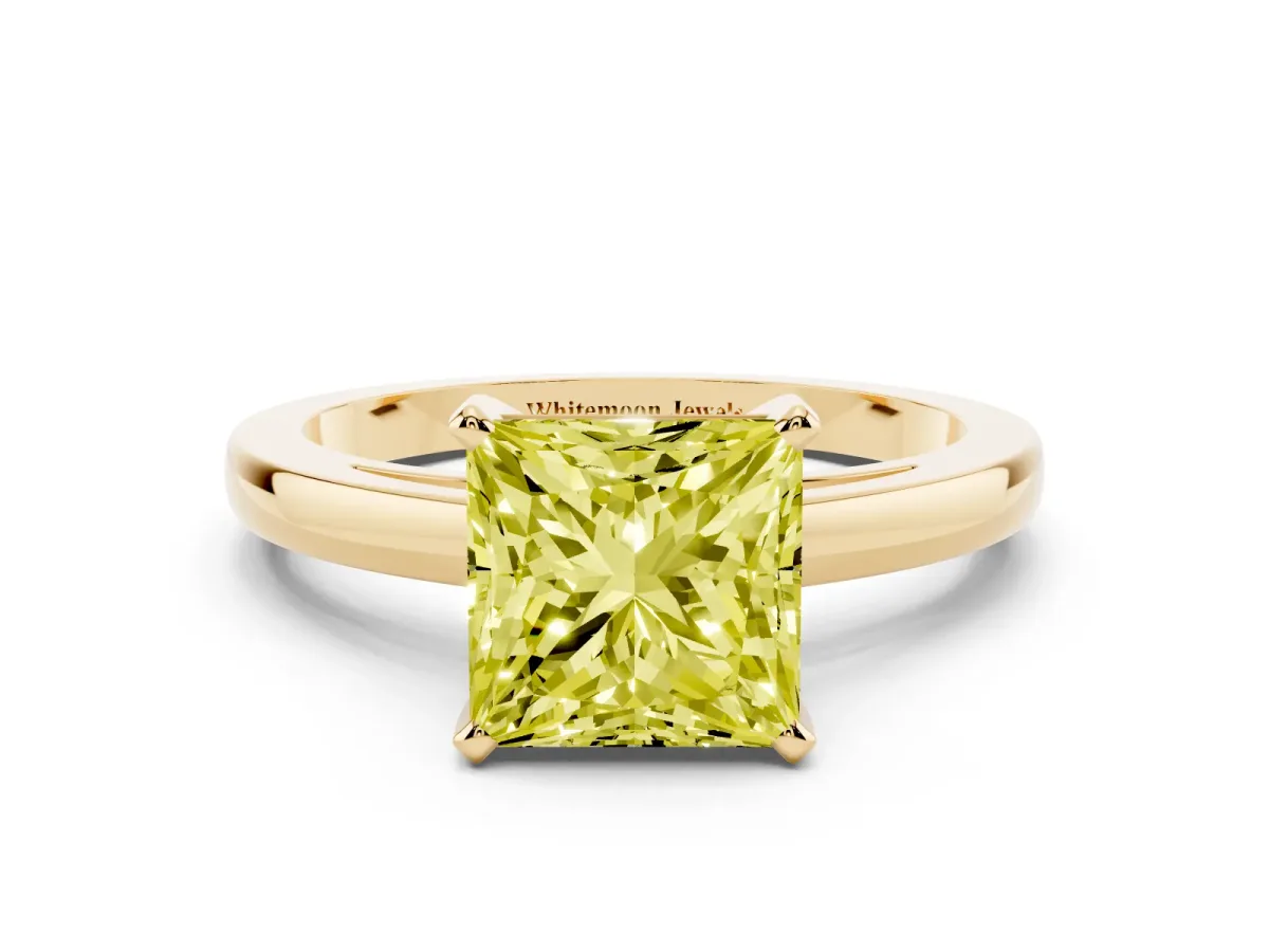 Fancy Yellow Princess Cut Solitaire Diamond Engagement Ring with Four-Prong Setting on a Classic Band Yellow gold