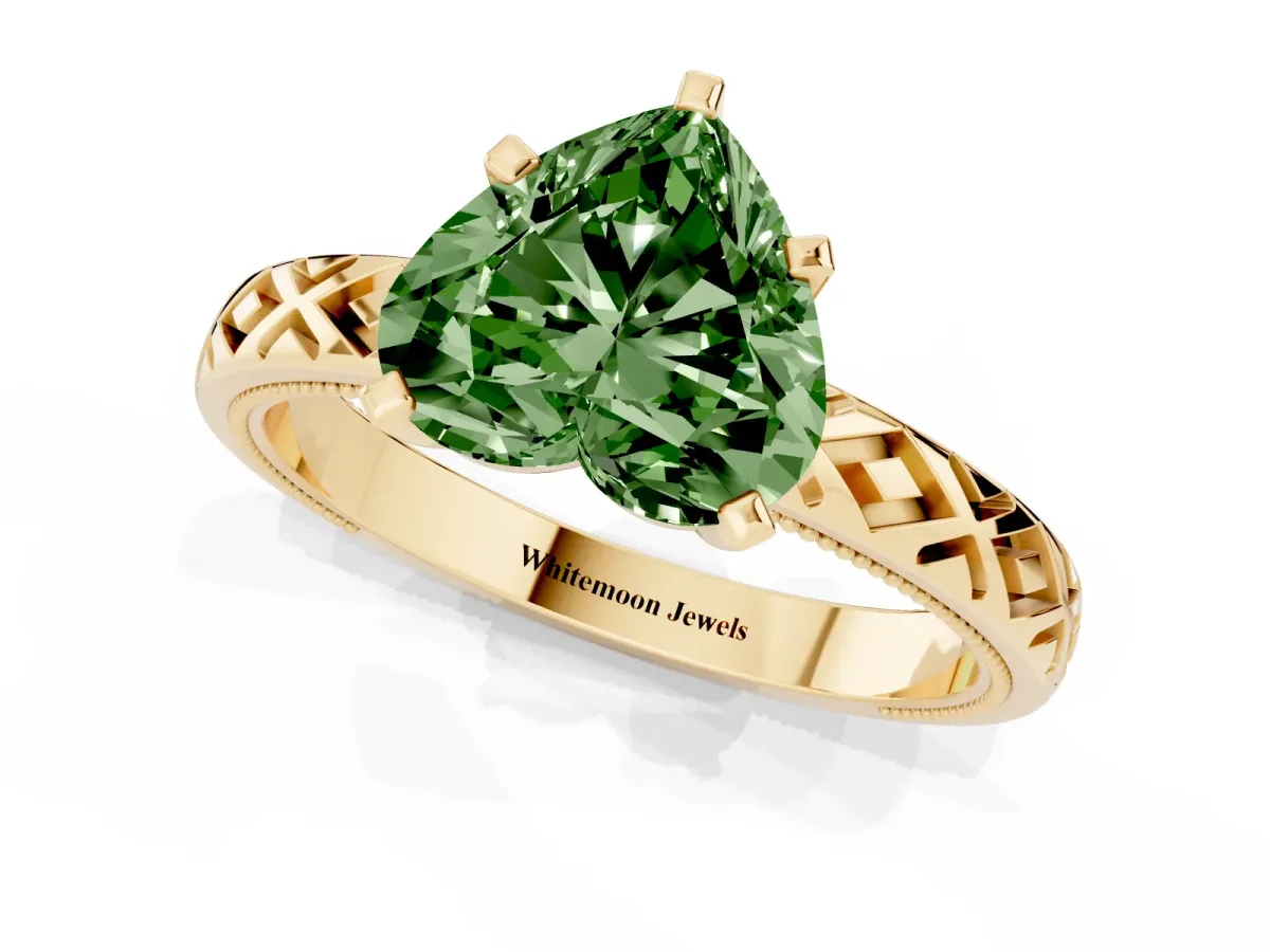 Fancy Green Heart Cut Solitaire Diamond Ring with Milgrain and Black Enamel X Pattern Band Yellow gold