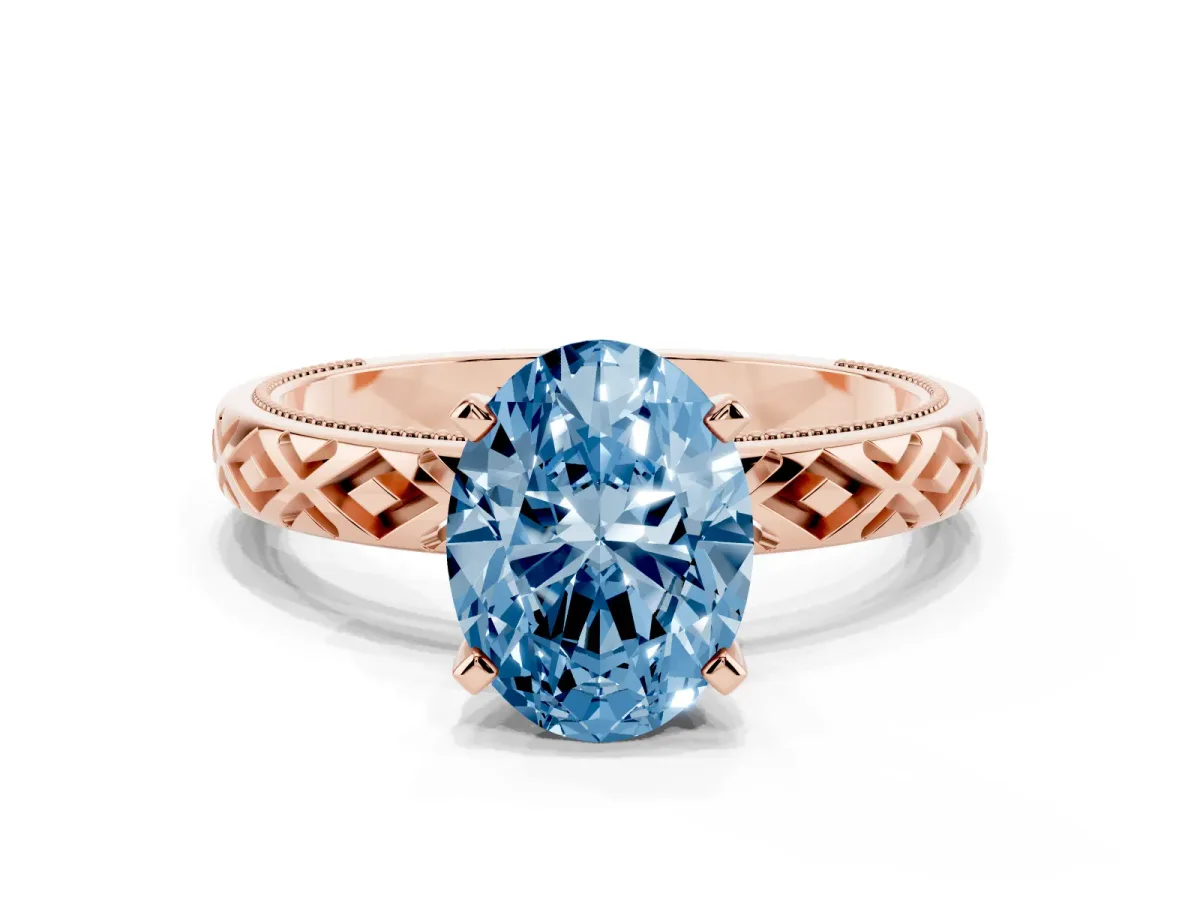 Fancy Blue Oval Cut Solitaire Diamond Ring with Milgrain and Black Enamel X Pattern Band Rose gold