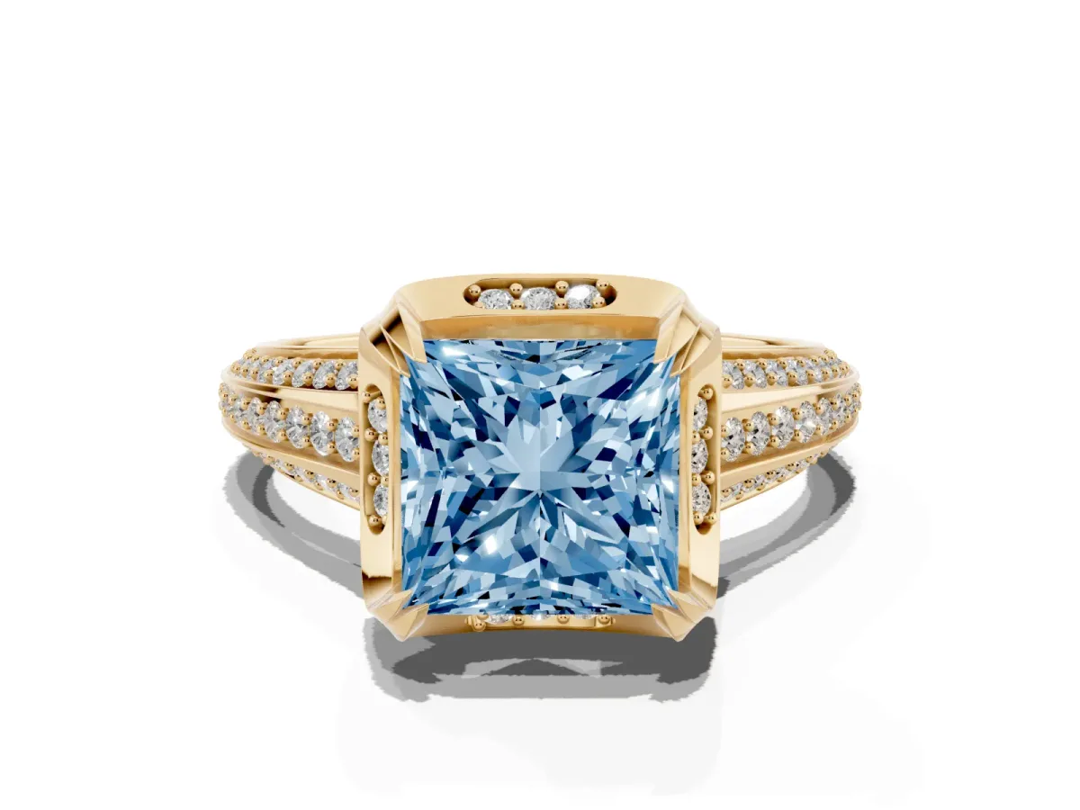 Fancy Blue Princess Cut Solitaire Pave Split Shank Ring with Four-Prong Setting Yellow gold