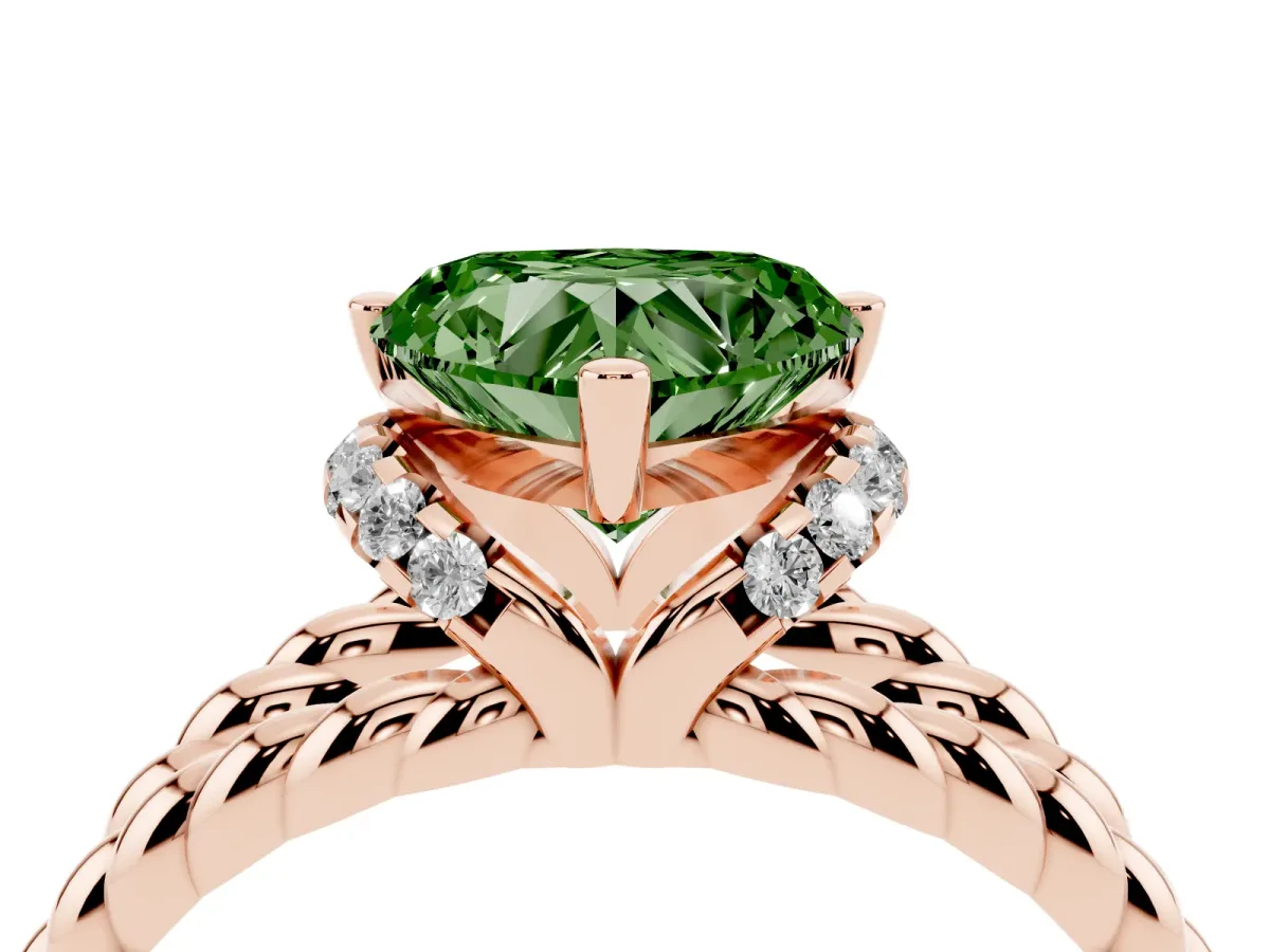 Fancy Green Heart Cut Halo Twisted Band Four-Prong Ring Rose gold
