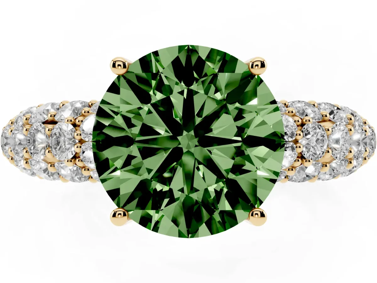 Fancy Green Round Cut Diamond Pavé Band Solitaire Ring with Four-Prong Setting Yellow gold