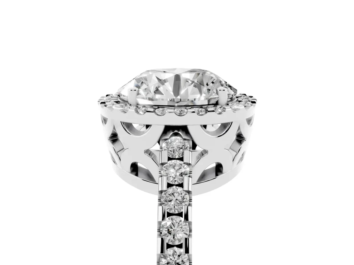 Round Cut Diamond Halo Engagement Ring with Pavé Band and Prong Setting Silver