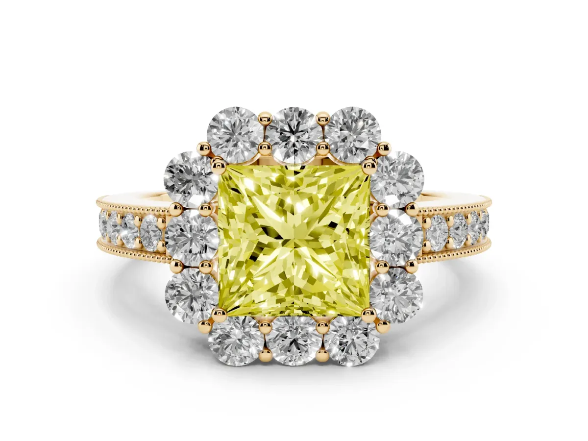 Fancy Yellow Princess Cut Cut Halo Diamond Pavé Engagement Ring with Milgrain Detailing Yellow gold