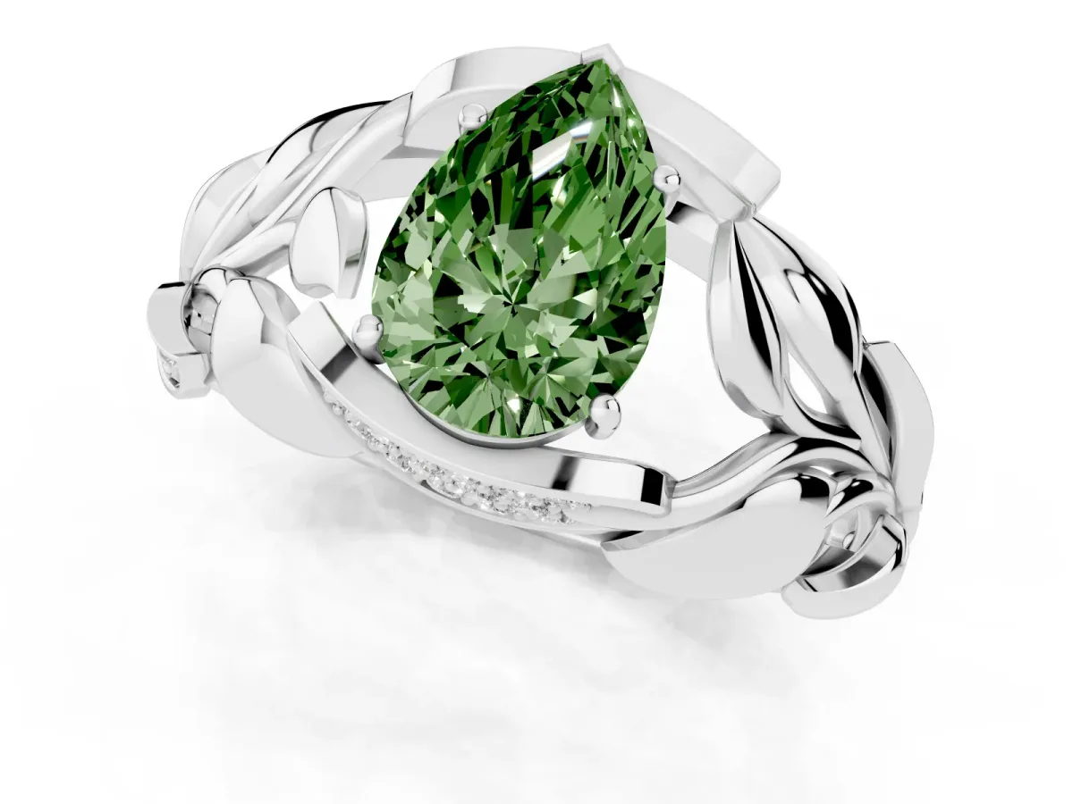 Fancy Green Pear Cut Diamond Leaf-Inspired Engagement Ring with Round Accents and Prong Setting Silver