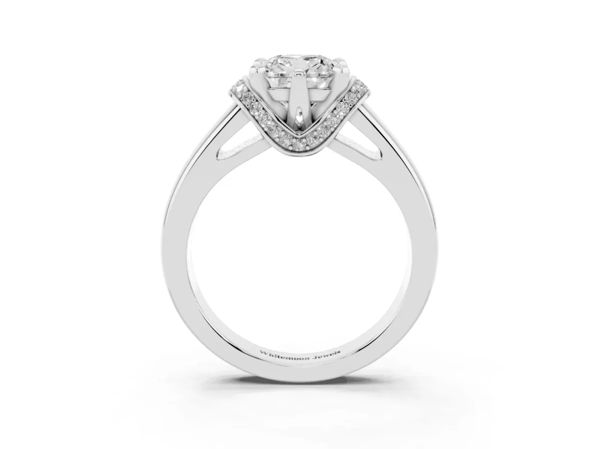 Cushion Cut Solitaire Diamond Ring with Pave Band and Six-Prong Setting Silver
