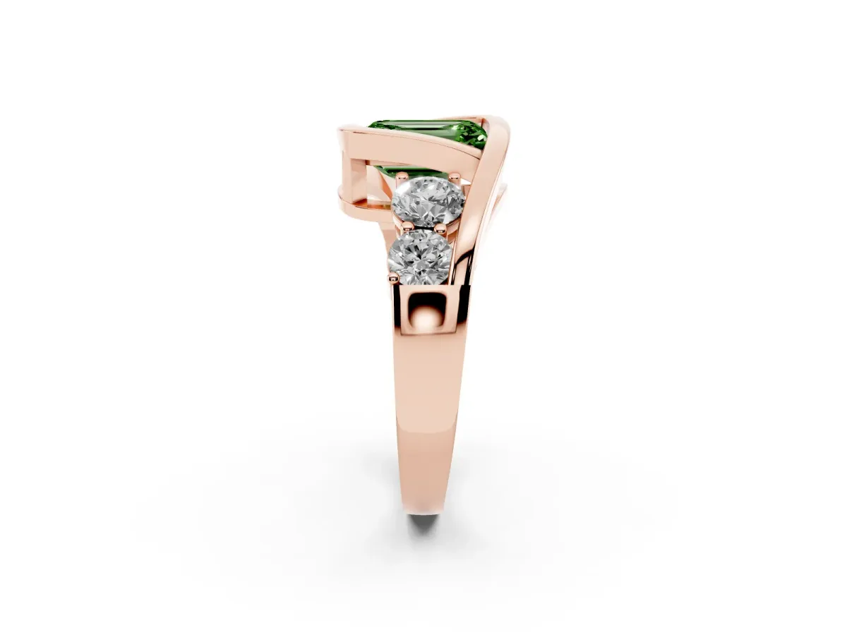 Fancy Green Bezel Set Emerald Cut Diamond Bypass Ring with Round Accents Rose gold