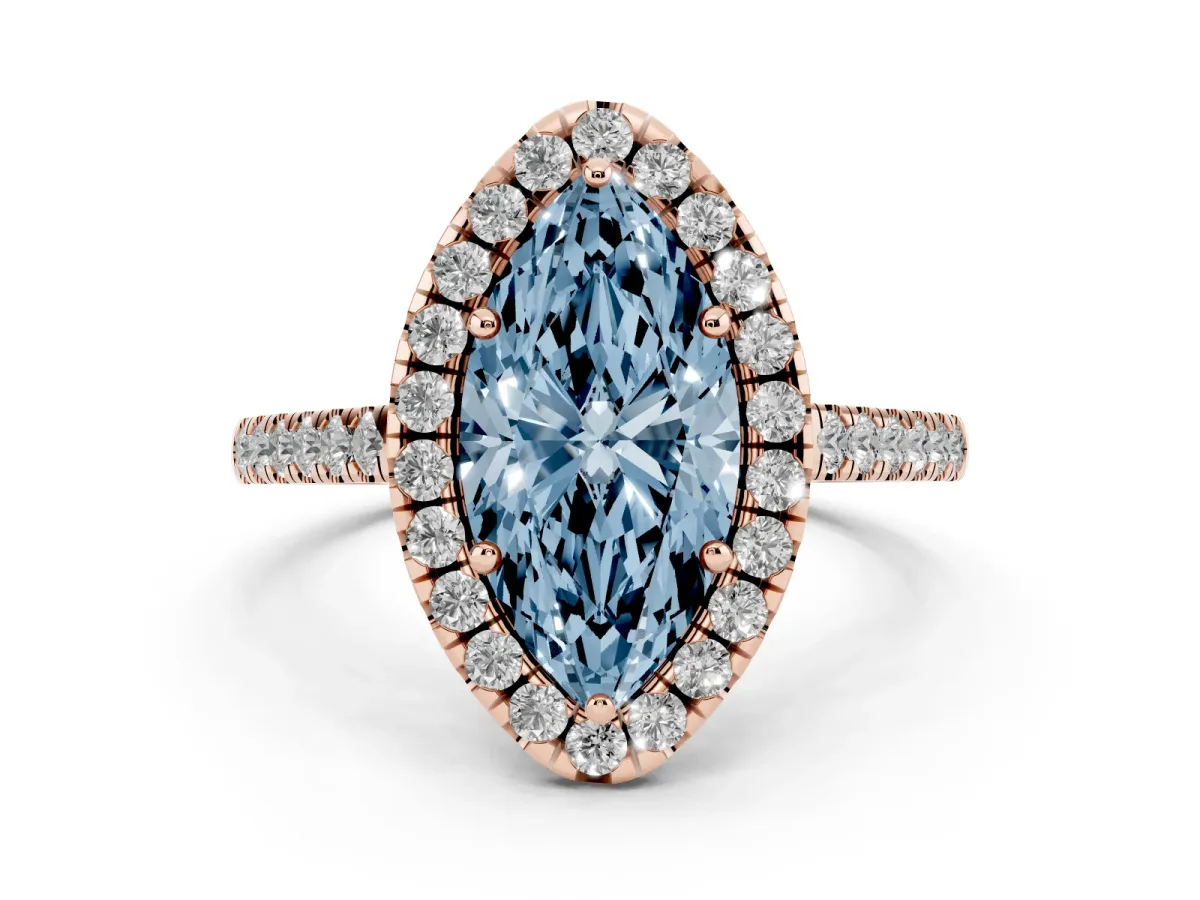Fancy Blue Marquise Cut Halo Pavé Diamond Engagement Ring with Four-Prong Setting Rose gold