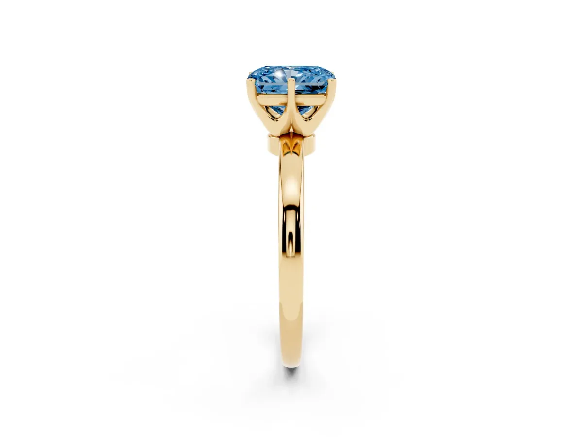 Fancy Blue Radiant Cut Solitaire Diamond Ring with Six-Prong Setting on a Classic Band Yellow gold