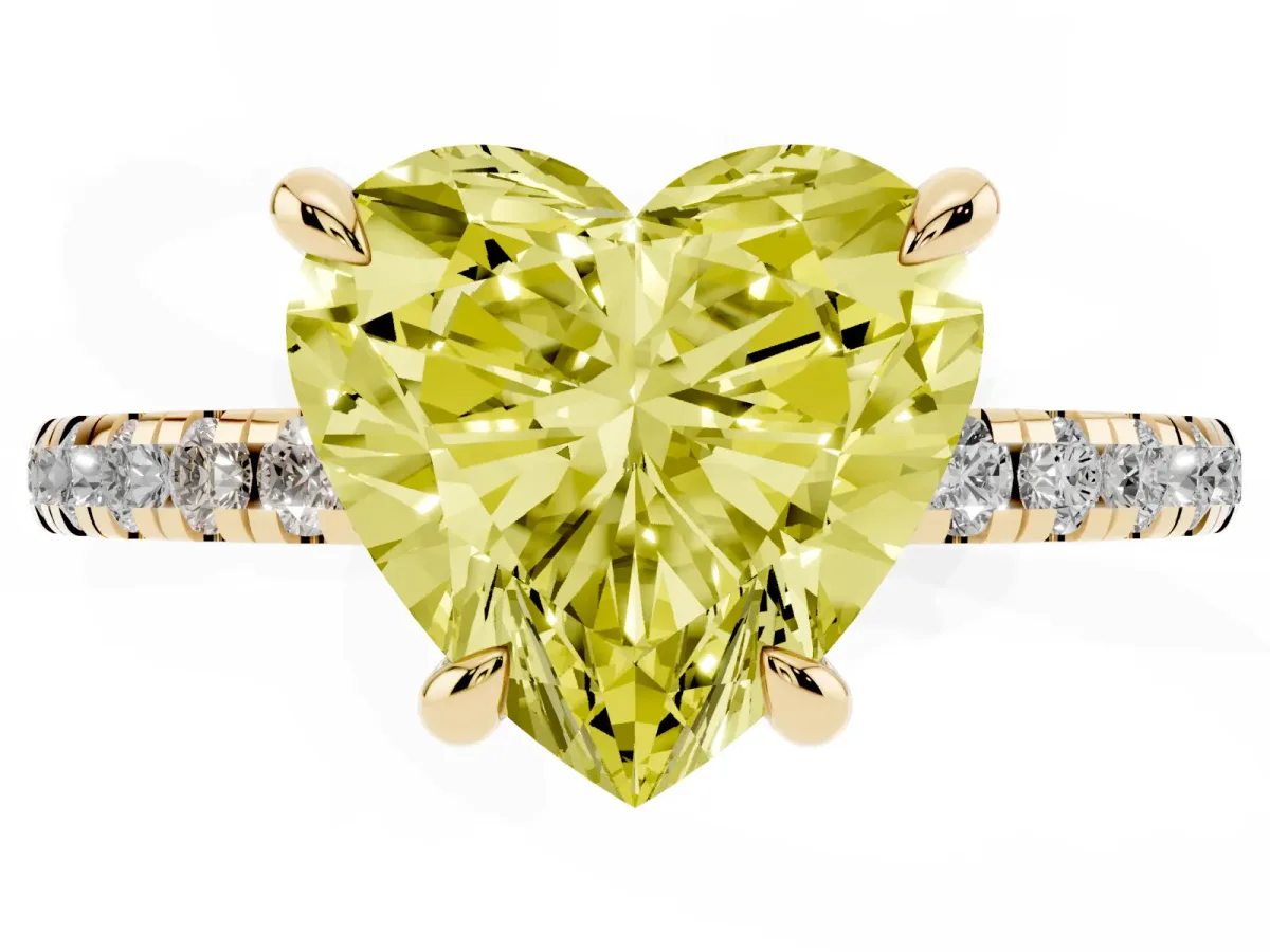 Fancy Yellow Heart Cut Diamond Brilliant Solitaire Ring with Pavé Band and Four-Prong Setting Yellow gold
