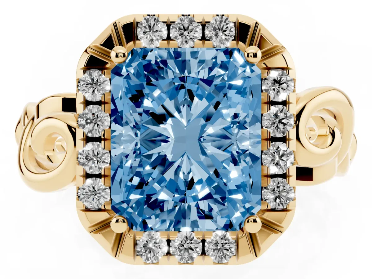 Fancy Blue Radiant Cut Cut Halo Diamond Ring with Scrollwork Band and Four-Prong Setting Yellow gold